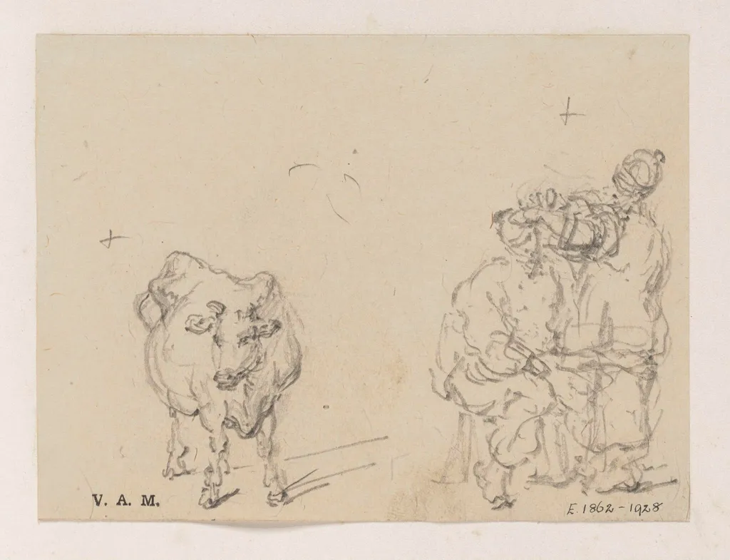 A Chinese barber and customer, and a cow, by George Chinnery, 19