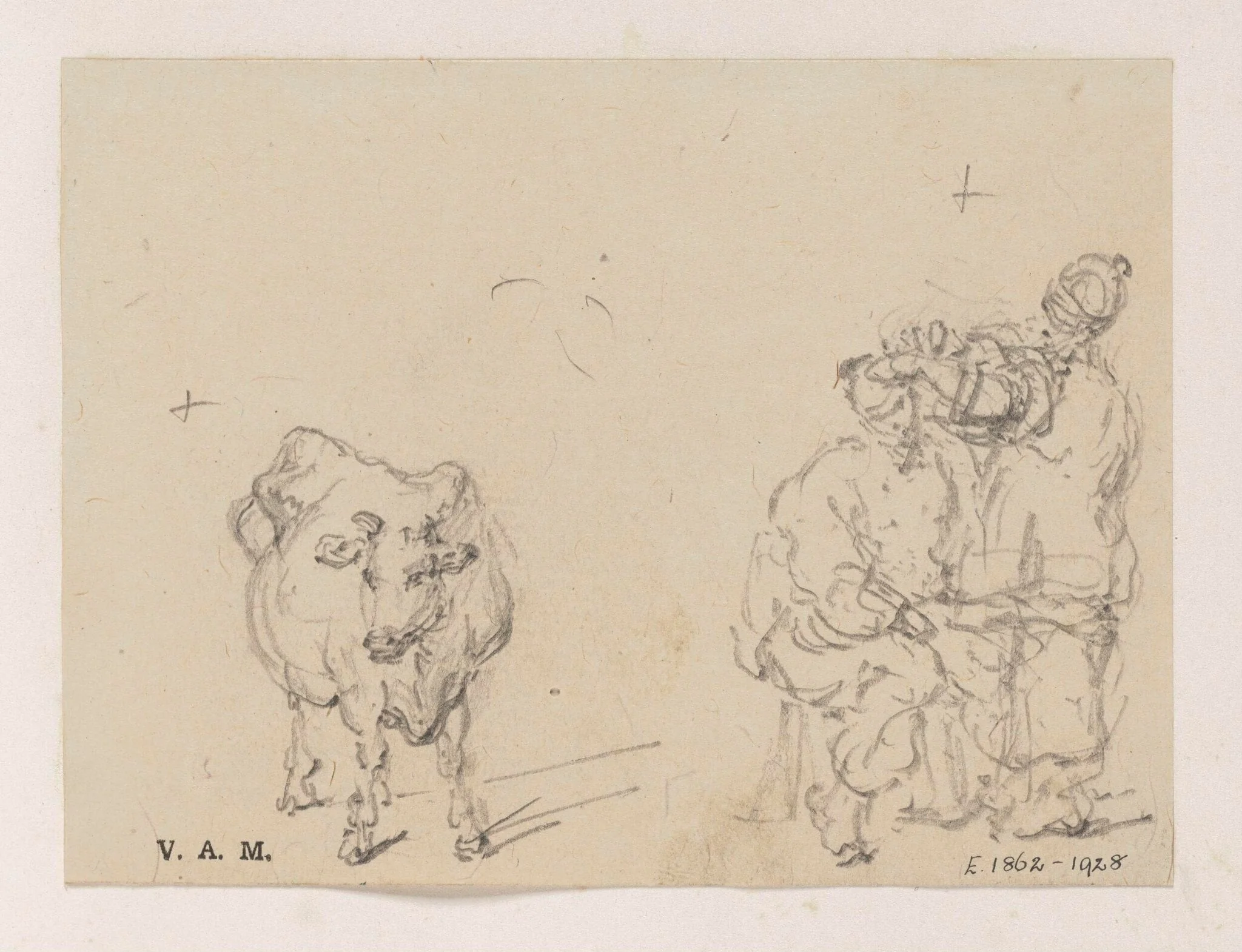 A Chinese barber and customer, and a cow, detail