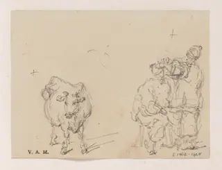 A Chinese barber and customer, and a cow, by George Chinnery, 19