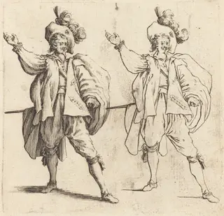 Officer with Large Plume, Front View, by Jacques Callot, ink, 1622