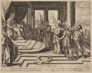 Saint Stephen before the Council, by Philip Galle, ink, 1574