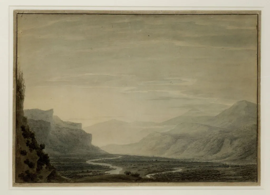 Valley with winding streams, a range of mountains in the background, and a village on the left, by John Robert Cozens, watercolor, 1774