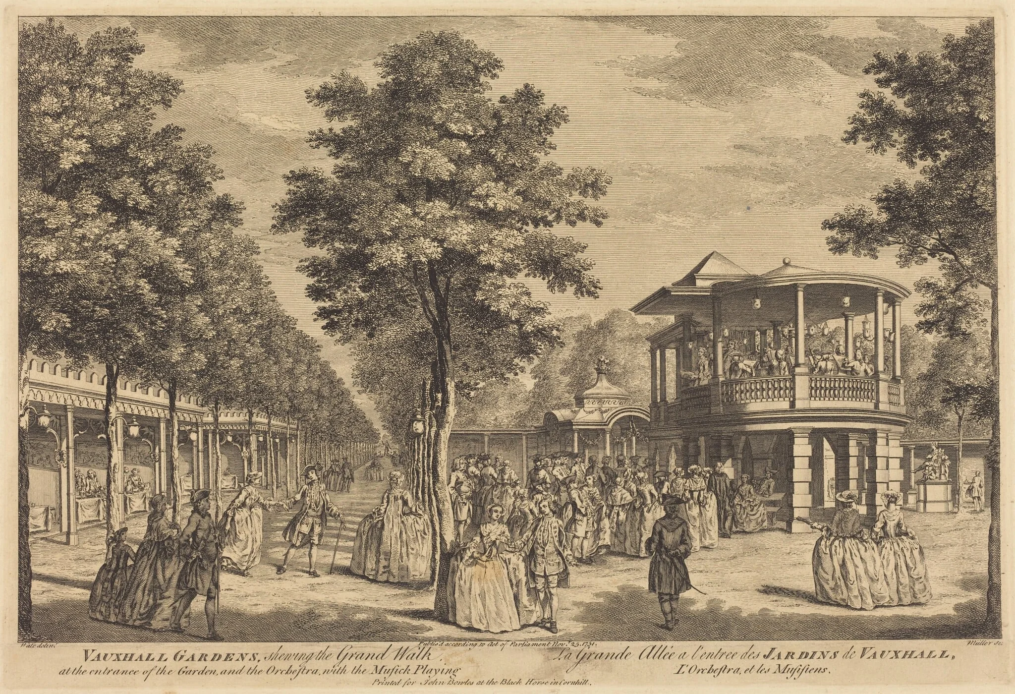 Vauxhall Gardens shewing the Grand Walk at the Entrance of the Garden and the Orchestra with Musick Playing, detail