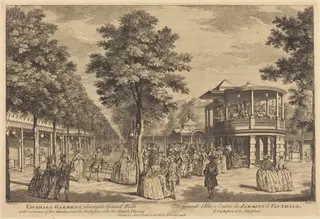 Vauxhall Gardens shewing the Grand Walk at the Entrance of the Garden and the Orchestra with Musick Playing, by Johann Sebastian Müller, ink, 1751