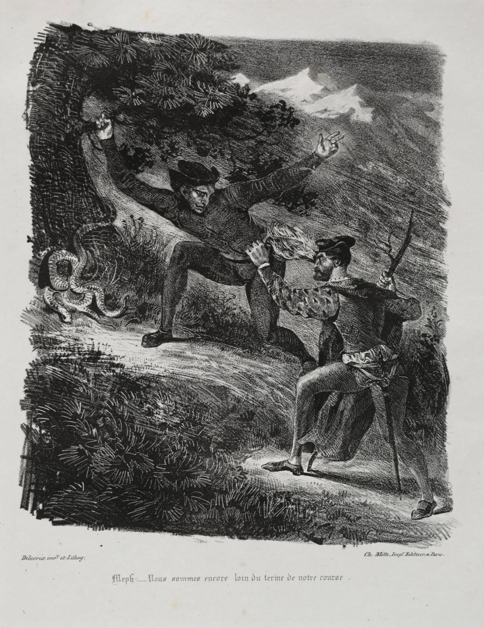 Illustrations for Faust: Faust and Méphistophélés in the mountains of the Hartz, detail