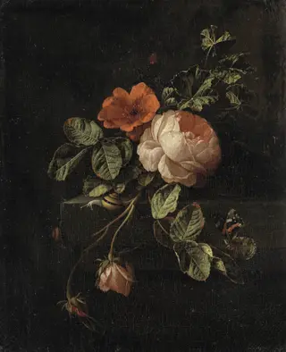 Still Life with Roses, by Elias van den Broeck, oil, 1696