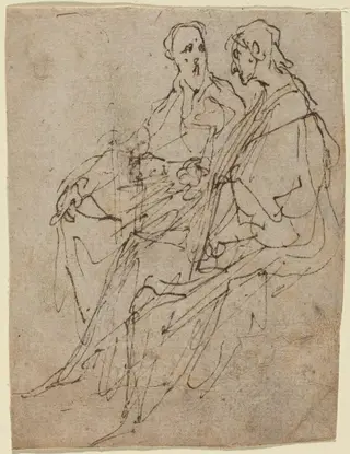 Two Seated Male Figures, by Anthony van Dyck, ink, 1620