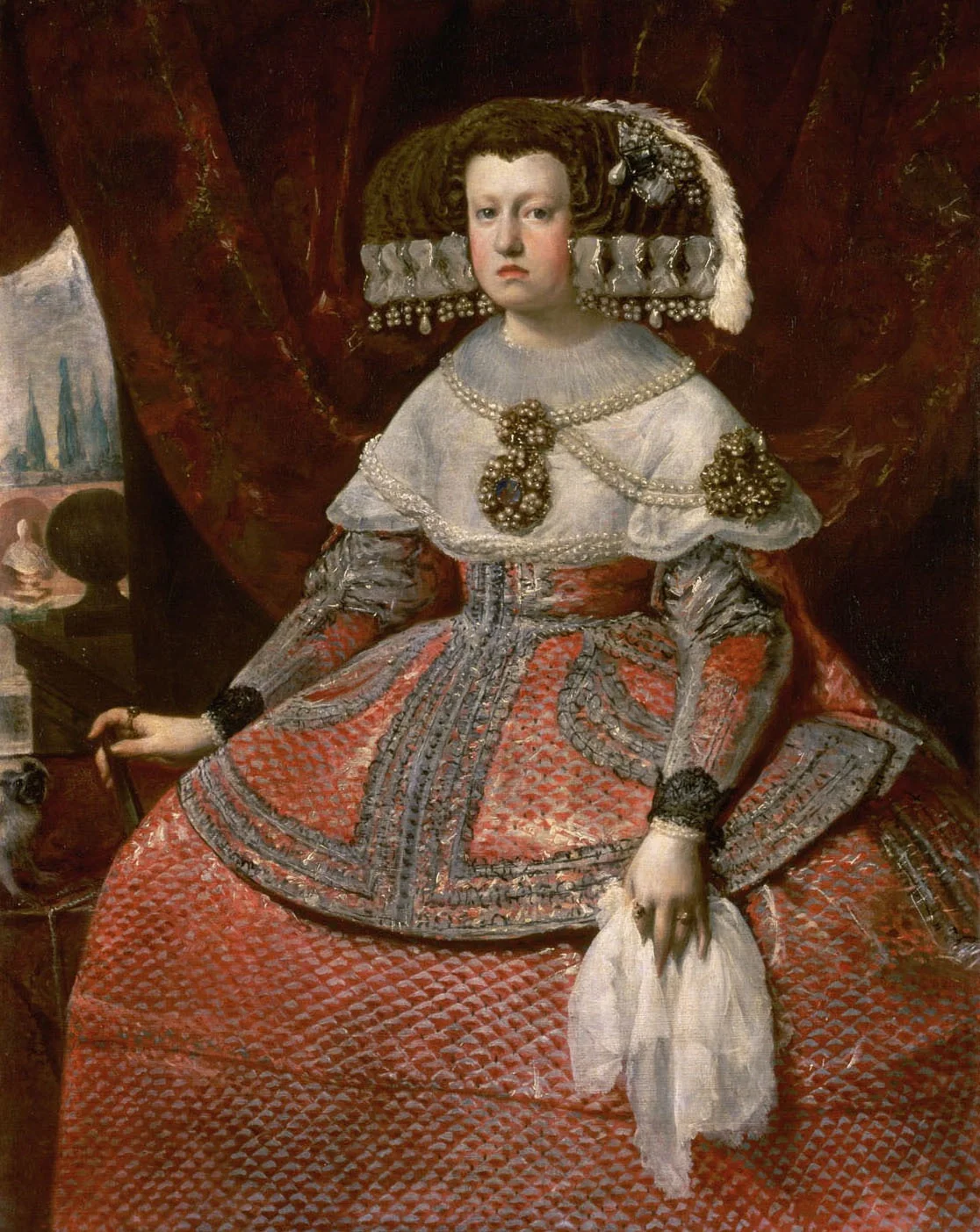 Königin Maria Anna von Spanien in hellrotem Kleid (1635-1696), detail