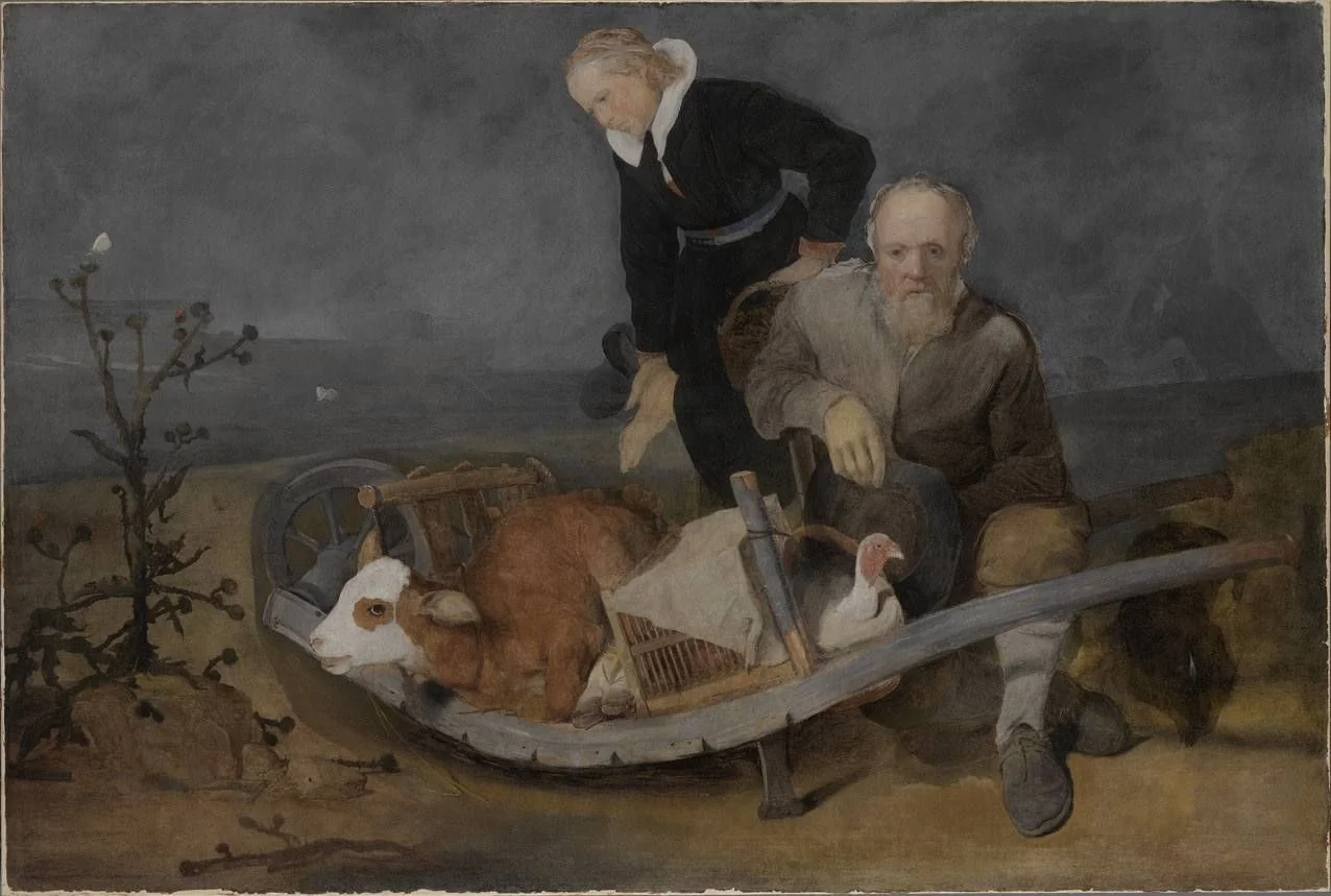 Peasant couple resting on the road, detail