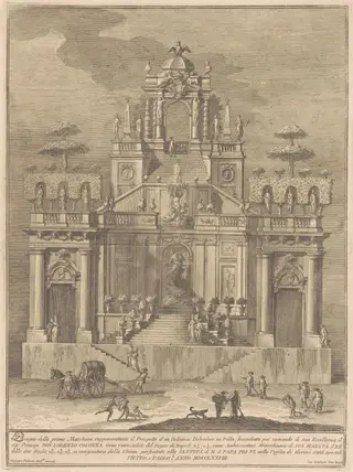The Prima Macchina for the Chinea of 1778: A Countryside Belevedere with Hercules and Antaeus, by Giuseppe Vasi, ink, 1778