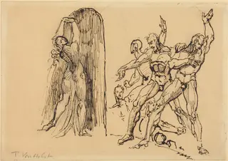 Five Male Nudes Gesticulating as a Nude Woman Enters a Portal, by Theodore M. von Holst, graphite, 1827
