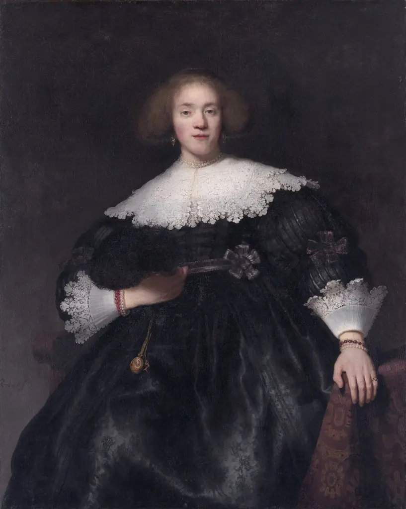 Portrait of a Young Woman with a Fan, by Rembrandt, oil, 1633