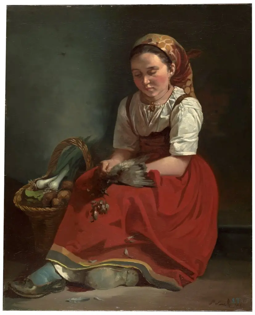 Una asturiana desplumando un pichón, by Paulino de la Linde, oil, 1856