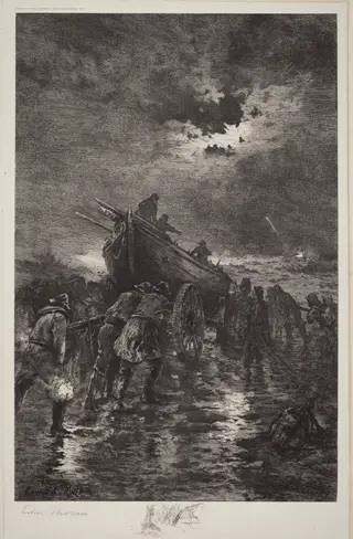 Untitled (Launching a Dory/To the Rescue/Shipwreck), by Edward Moran, ink, 1895