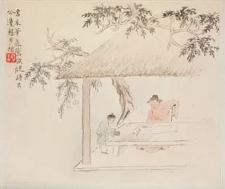 Album of Landscape Paintings Illustrating Old Poems: A Scholar at a Table with a Servant aside Preparing the Ink, by Hua Yan, unspecified, 1745