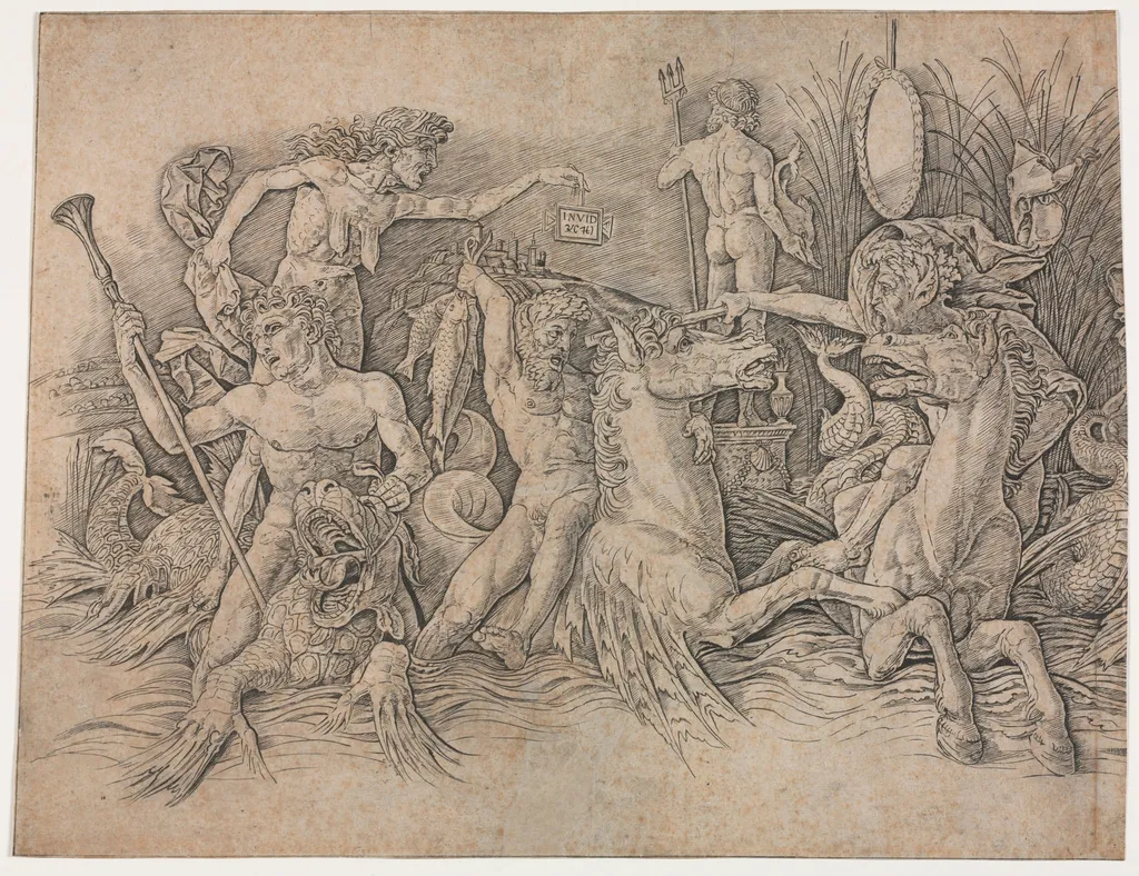 Battle of the Sea Gods - left portion, by Andrea Mantegna, 1486