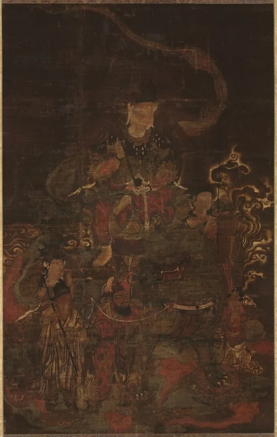 Monju Riding Lion with Attendants, detail