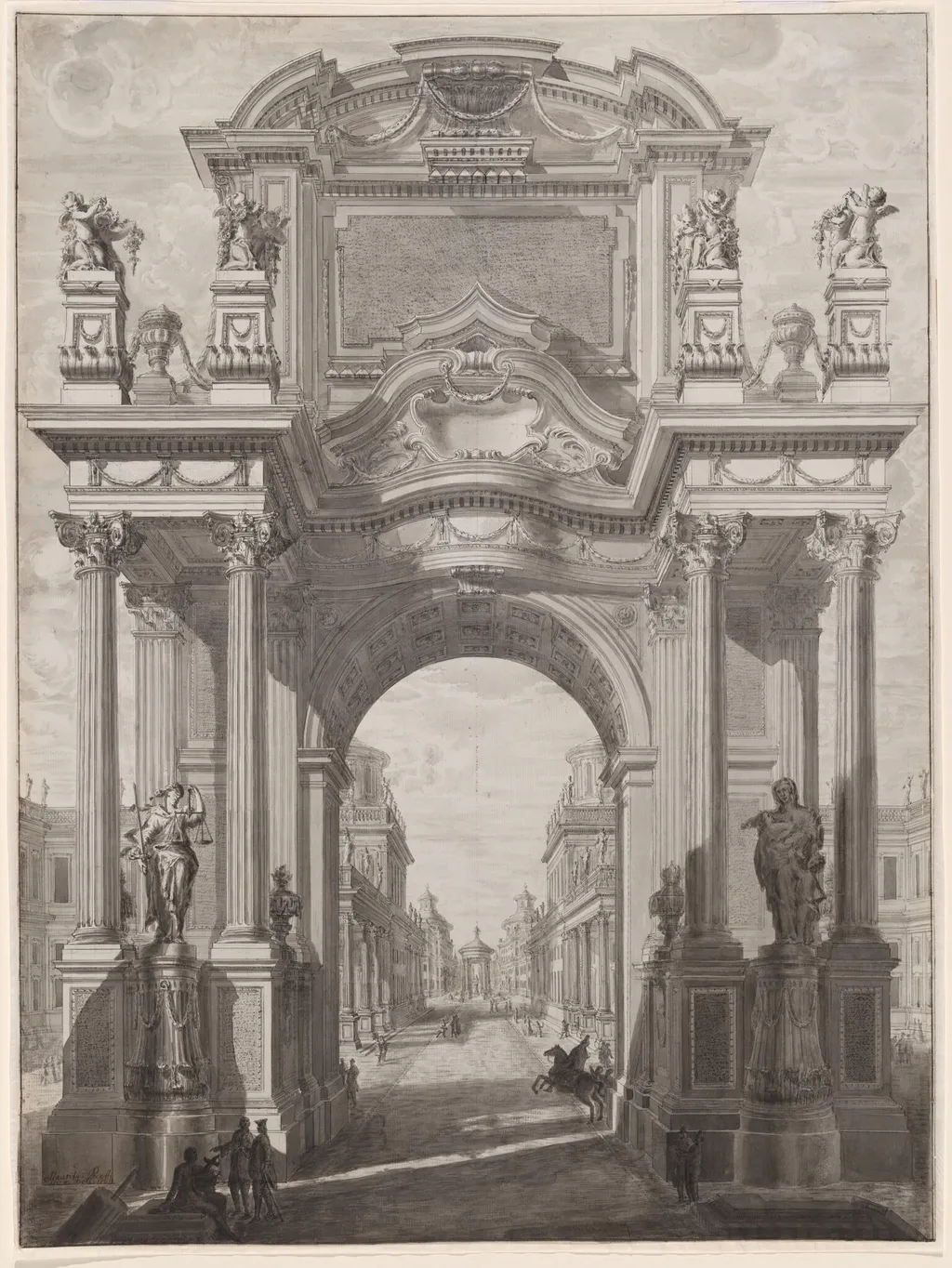 An Architectural Capriccio with a Triumphal Arch, by Maurizio Pedetti, ink, 1784