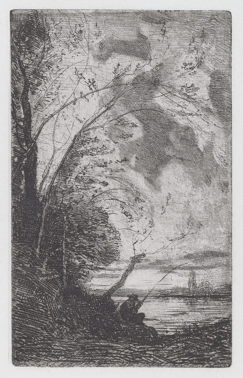 Fisherman on the Lakeshore [Pescatore sulla riva del lago], by Antonio Fontanesi, ink