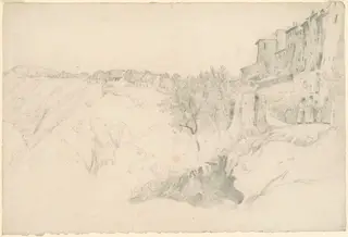 Hillside with Houses and Figures, by Worthington Whittredge, graphite, 1856