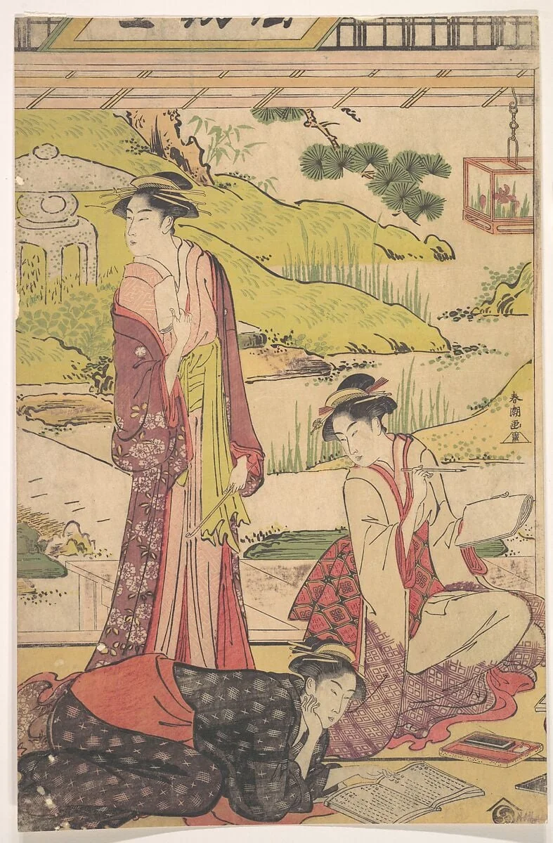 あやめ燈籠図|Three Women Enjoying Literary Pursuits, detail