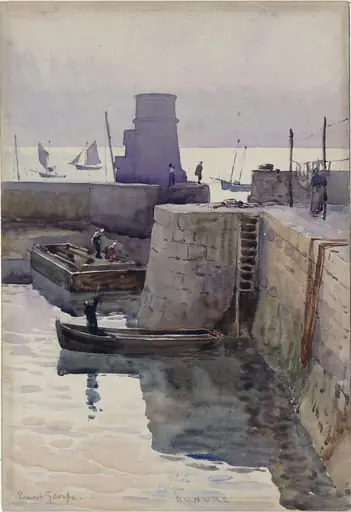 Dunure Harbour, by Ernest George, watercolor, 1860