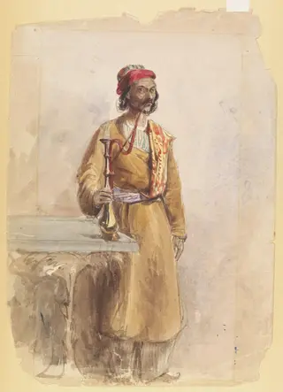 Figure of an oriental Man, full-length, smoking a hookah
