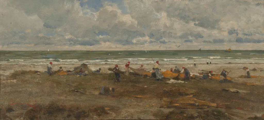 Fishermen on the beach, by Filippo Carcano, oil, 1850
