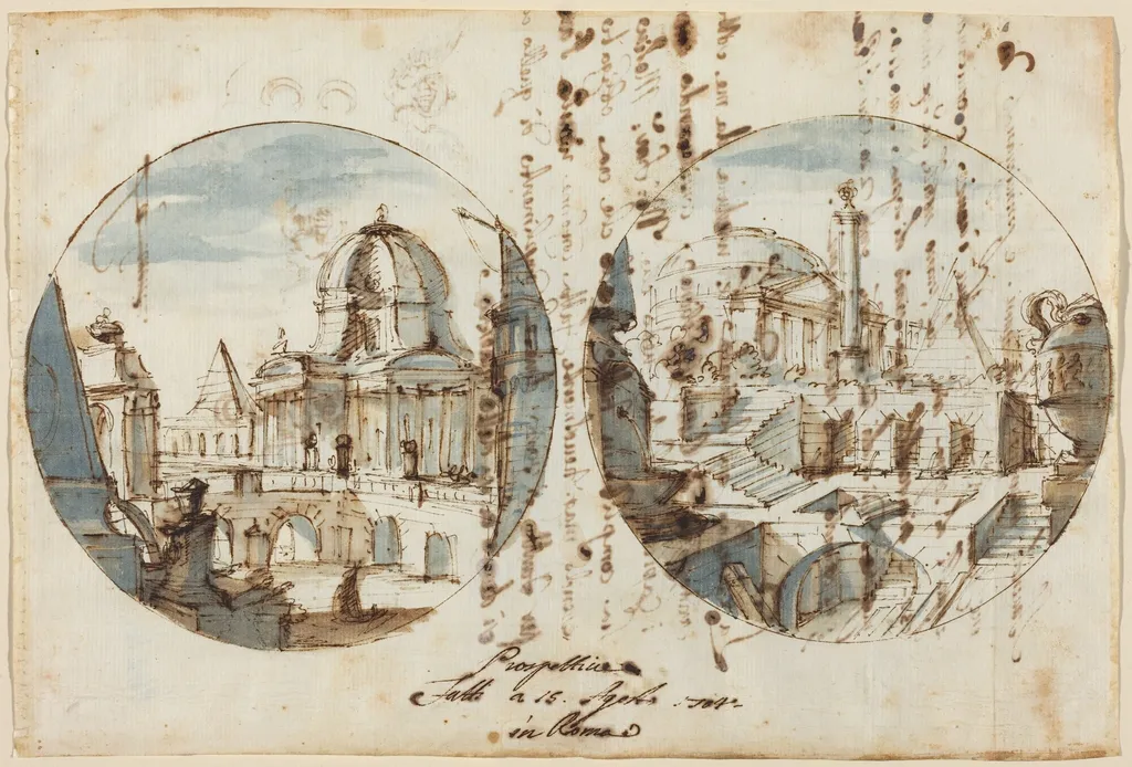 Architectural Fantasies with Temples and Pyramids, by Filippo Juvarra, ink, 1704