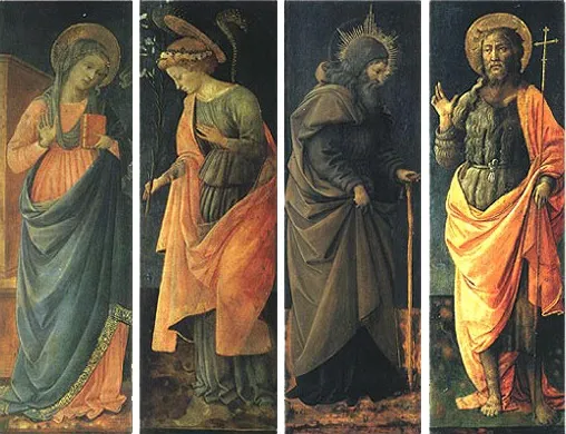 The Annunciation, Saints Anthony Abate, John the Baptist, by Filippo Lippi, tempera, 1452