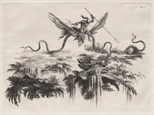 A Savage mounted on a winged Serpent battling with a wild beast resembling a Porcupine, by Filippo Morghen