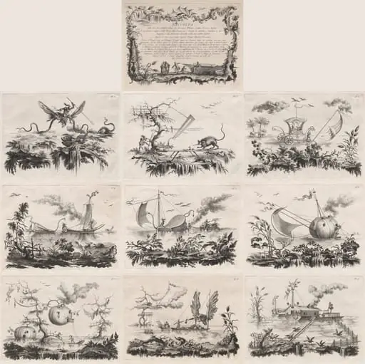 Suite of the most notable things seen by John Wilkins erudite English Bishop during his famous voyage from the Earth to the Moon … dedicated to Sir William Hamilton ambassador to the Court of Naples, by Filippo Morghen