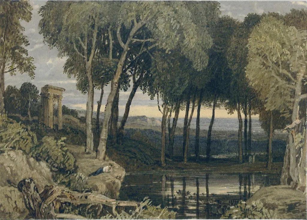 Landscape, with pond and classical ruin, by Finch, watercolor, 1850