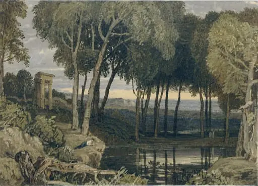 Landscape, with pond and classical ruin, by Finch