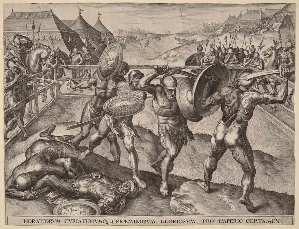 Battle of the Horatii and the Curiatii, by Flemish 16th Century, ink, 1550