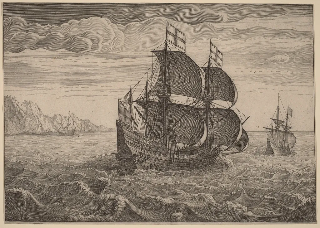 Ship in Full Sail with Two Flags, by Flemish 16th Century, ink, 1550