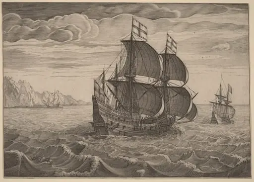 Ship in Full Sail with Two Flags, by Flemish 16th Century