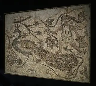 Floor Mosaic Panel: Grape Harvester with Peacock