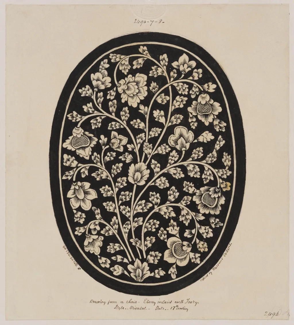 Inlaid ivory in ebony, in a chair, by Florence Collins, 1850