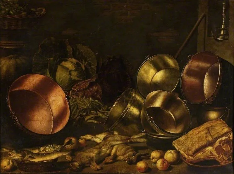 Kitchen utensils, meat and vegetables, by Floris van Schooten, oil, 1605