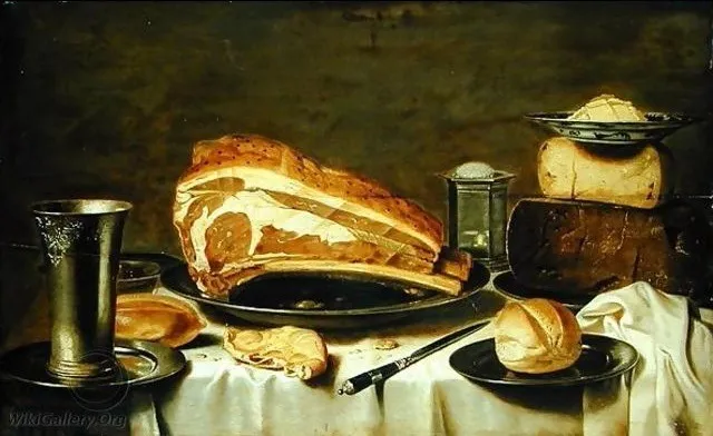Still life of a laid table with cheese, meat and bread, by Floris van Schooten, oil, 1650