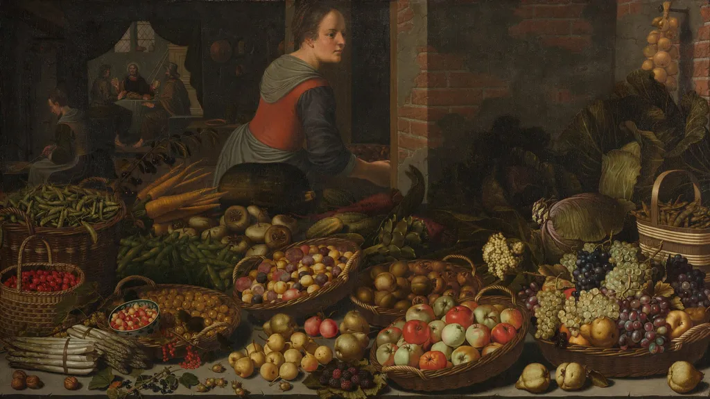 Still Life with Fruit and Vegetables, with Christ at Emmaus in the background, by Floris van Schooten, unspecified, 1630