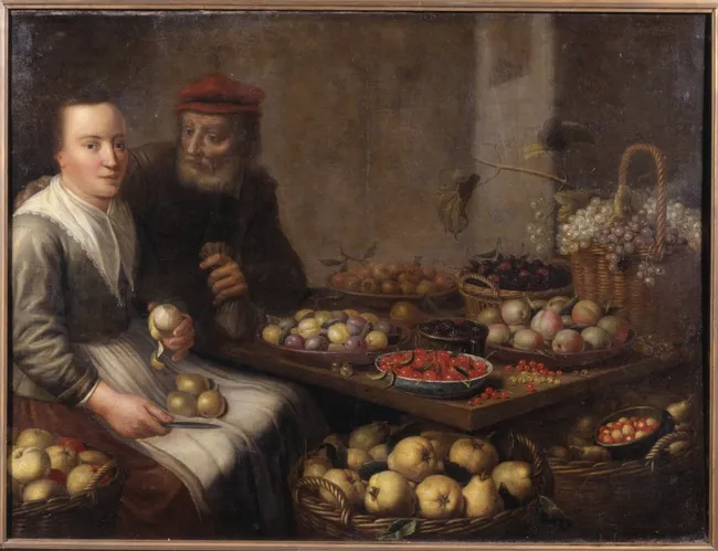 Young woman peeling a pear at a table with various fruits, an old man with a money bag adressing her, by Floris van Schooten, oil, 1640