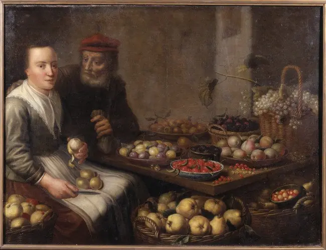 Young woman peeling a pear at a table with various fruits, an old man with a money bag adressing her, by Floris van Schooten, 1640