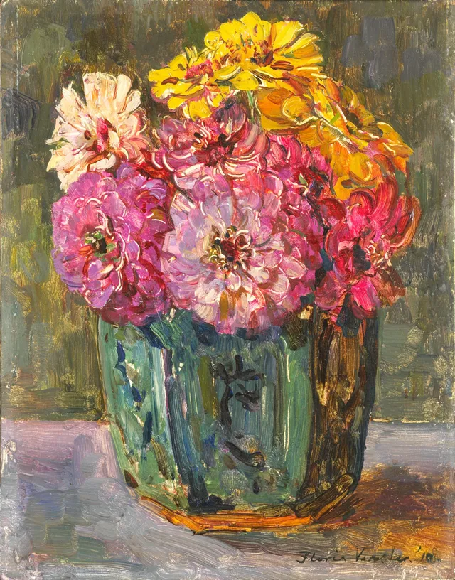 Still Life with Zinnias in a green Jar