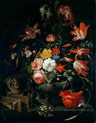 Flower piece with cat and mousetrap