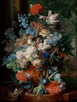 Flower still life in a terracotta vase, for two columns and a park landscape with a statue of Venus, by Jan van Huysum