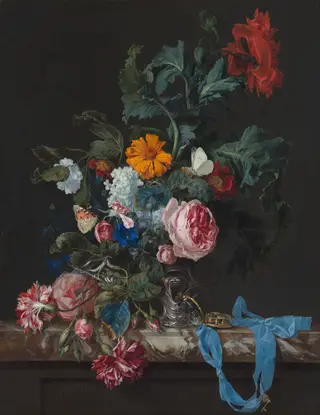 Flower still life with a watch, by Willem van Aelst