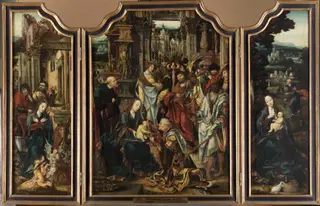 Flügelaltar; Mittelbild: Anbetung der Könige; linker Flügel: Anbetung der Hirten; rechter Flügel: Ruhe auf der Flucht nach Ägypten