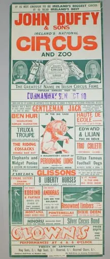 Poster advertising John Duffy & Sons Circus in Dunmanway, County Cork, by Fodhla Printing Company Ltd.